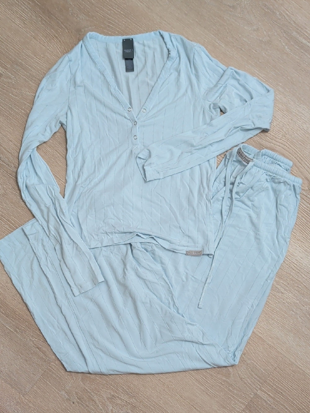 Savage X Fenty Light Blue Ribbed Long Sleeve Pajama Set